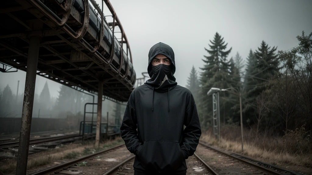 man in loose, lightweight black clothing, wearing a prominently visible balaclava, hanging by one hand from a track above a rusted roller coaster car, broken tracks and overgrown weeds, eerie atmosphere, sense of mystery and solitude, suspenseful mood, close-up shot from the car, shallow depth of field, soft, diffused lighting 8k