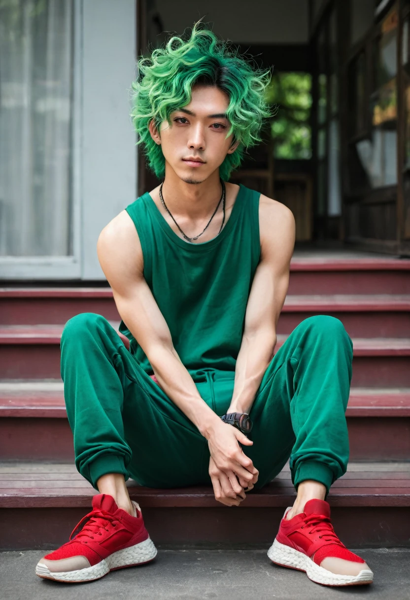 Androgynous Japanese male, with viridian green eyes, short curly viridian green hair, wearing a loose tank top, and joggers, in a red high top sneakers