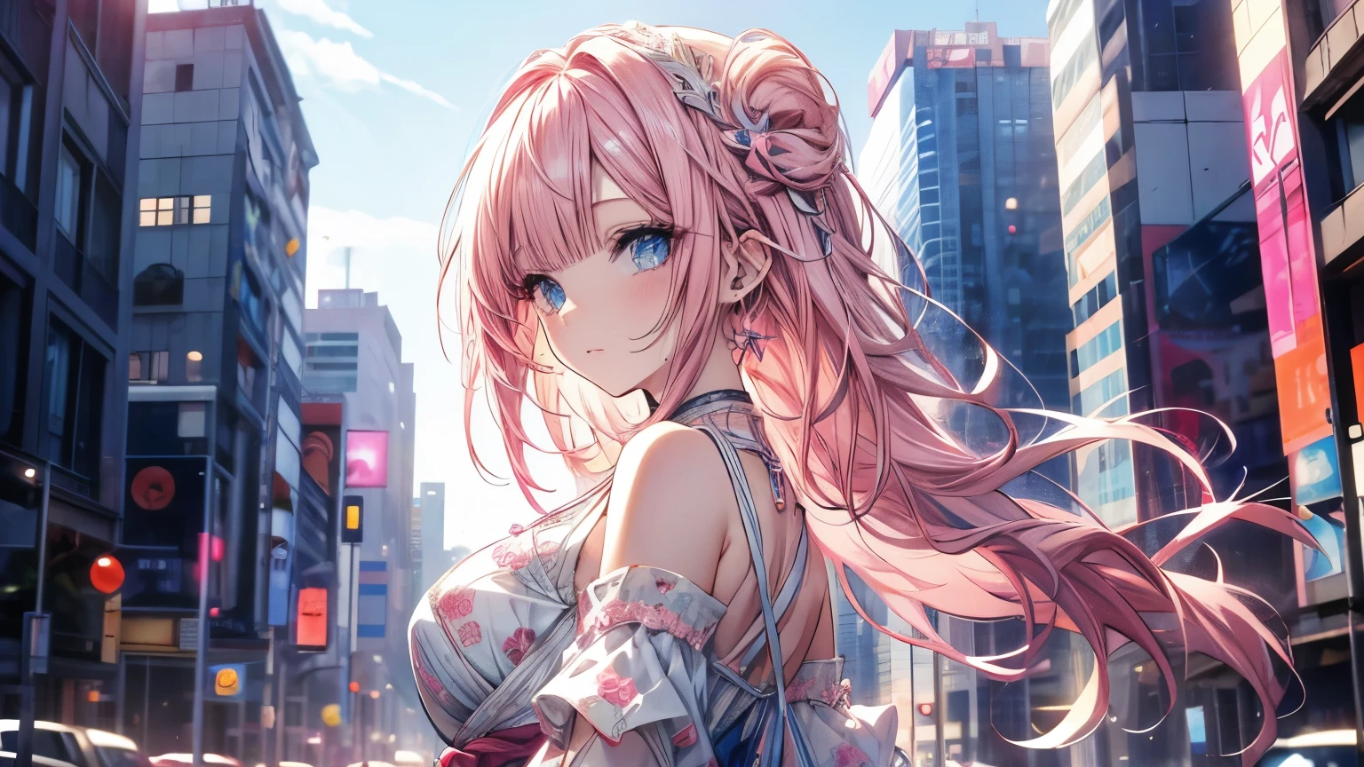 an anime girl, beautiful, pink hair, blue eyes, ojos beautifuls y definidos, modern pink dress, in the background of the city, beautiful, very detailed graphics, modern style art