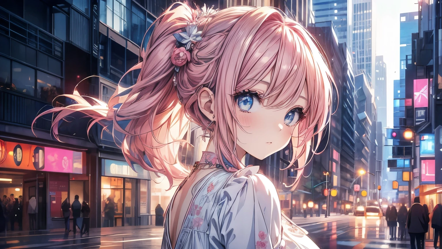 an anime girl, beautiful, pink hair, blue eyes, ojos beautifuls y definidos, modern pink dress, in the background of the city, beautiful, very detailed graphics, modern style art
