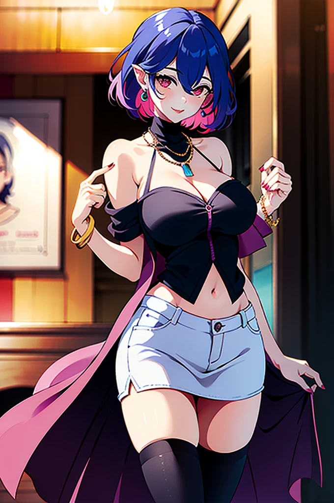 masterpiece, best quality, highly detailed, 1girl, solo, perfect anatomy, slim, red eyes, blue hair, bangs, purple hair, hair between eyes, multicolored hair, gradient hair, pink lips, thick thighs , edgCT, blouse, wearing edgCT, chic top, light smile, detailed background, outdoor, standing, sexy, sunglasses, skirt, earrings, necklace, bracelet,