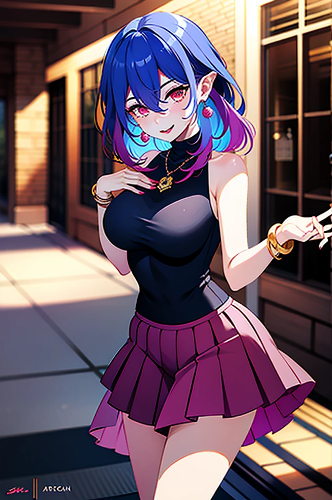 masterpiece, best quality, highly detailed, 1girl, solo, perfect anatomy, slim, red eyes, blue hair, bangs, purple hair, hair between eyes, multicolored hair, gradient hair, pink lips, thick thighs , edgCT, blouse, wearing edgCT, chic top, light smile, detailed background, outdoor, standing, sexy, sunglasses, skirt, earrings, necklace, bracelet,