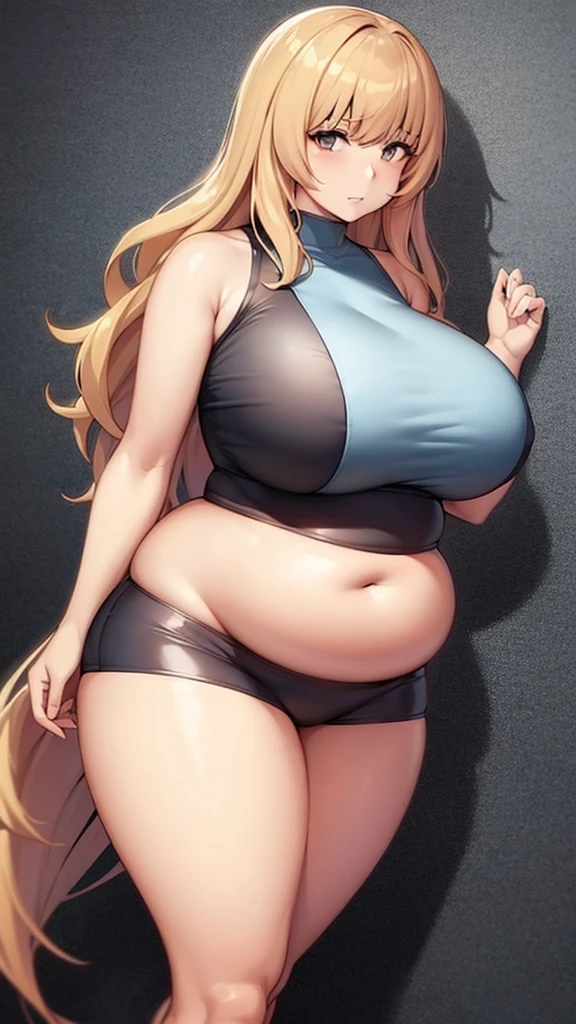 ((best qualityer)), ((anime lineart)), a tall woman with bangs and wavy hair, fat midriff, fat thighs, fat rounded hips, (fat belly:0.4)