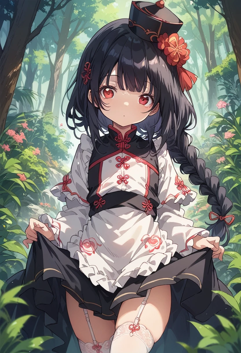 BREAK Perfect Anatomy、(High resolution:1.2)、Incredible illustrations、(Cute illustrations:1.2)、() (Beautiful background(forest)) 1 girl(Black hair, long hair, single braid, red eyes,tattoos, )(young adult woman:2.0)
(big china hat,Long ruffled sleeves, black jiangshi cheongsam dress, apron, garter stockings)eat mooncake