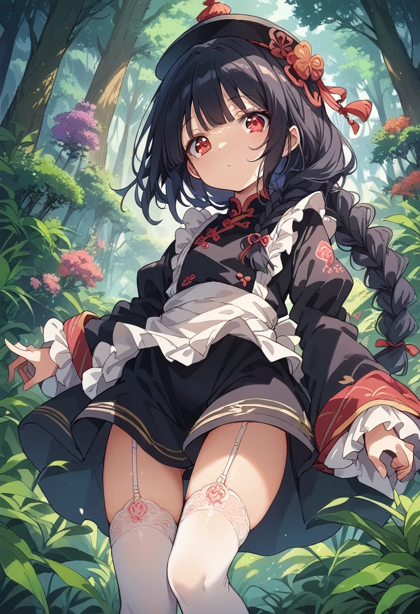BREAK Perfect Anatomy、(High resolution:1.2)、Incredible illustrations、(Cute illustrations:1.2)、() (Beautiful background(forest)) 1 girl(Black hair, long hair, single braid, red eyes,tattoos, )(young adult woman:2.0)
(big china hat,Long ruffled sleeves, black jiangshi cheongsam dress, apron, garter stockings)eat mooncake