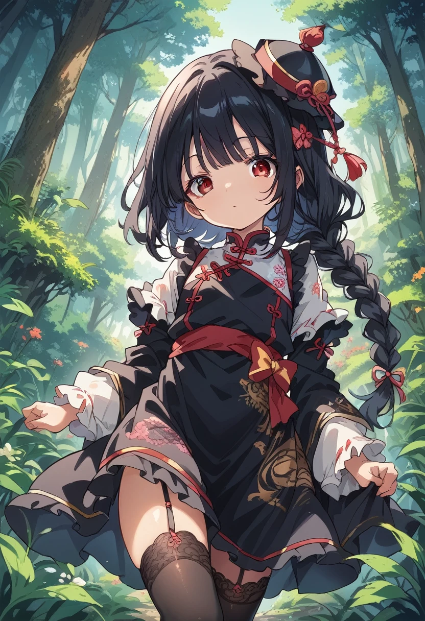 BREAK Perfect Anatomy、(High resolution:1.2)、Incredible illustrations、(Cute illustrations:1.2)、() (Beautiful background(forest)) 1 girl(Black hair, long hair, single braid, red eyes,tattoos, )(young adult woman:2.0)
big china hat,Long ruffled sleeves, black jiangshi cheongsam dress, moon pattern apron, garter stockings