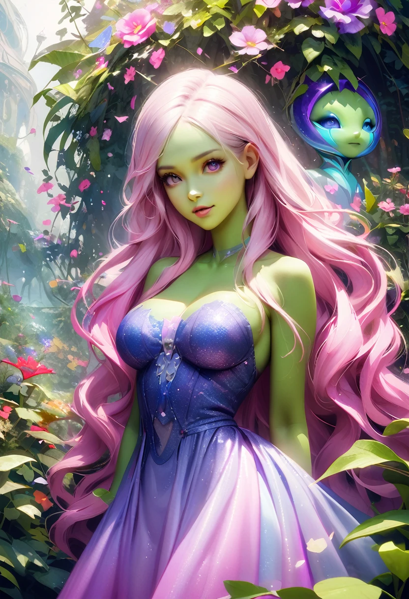 (best qualityer, ultra detali), (foreigner), (greenskin), (eyes black), (((hair foils))), long hair, busty, (dress made from plants), swirly vibrant colors, (soft lighting), (lush vegetation), (foreigner planet), ethereal beauty, surreal, unearthly, enchanting, mesmerizing, splendid, captivating, dream like, mythical, fancy, (foreigner creatures), (brilliant flowers), (misty atmosphere), uncanny. (photorealistic1.3), pink flowers in the background,