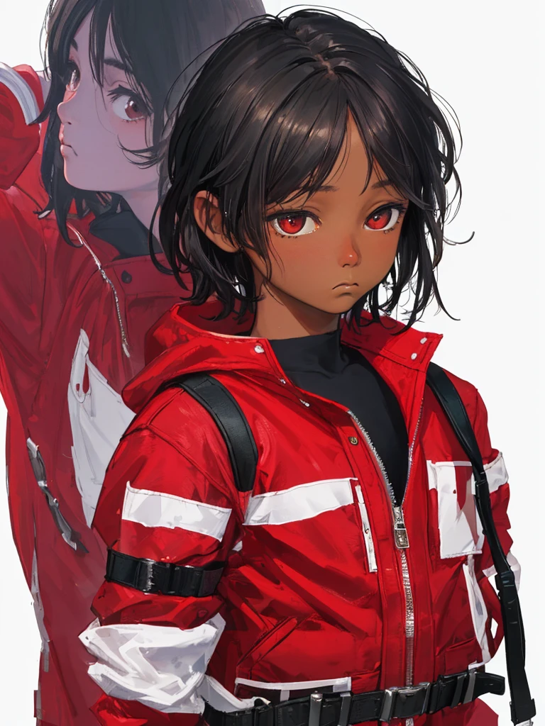 (((Masterpiece))), best quality, cowboy shot, perfect anatomy, (detailed face), ((realistic faces)), realistic anatomy, painterly)) 1boy, (((shota))), solo, dark skin, black hair, fanny pack, red jacket, three quarter view, simple background, white background