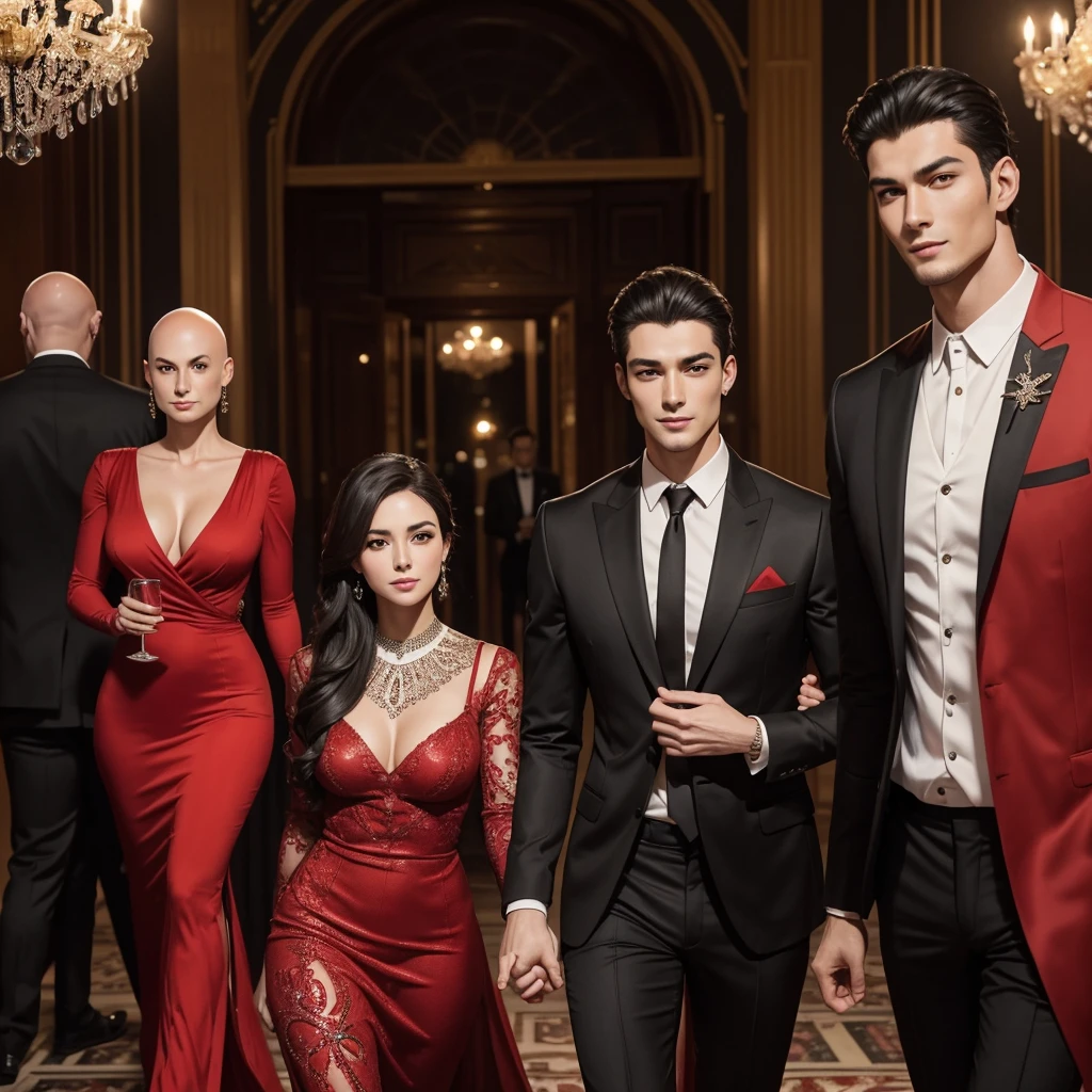 an Argentine woman, a beautiful and detailed woman, she is with a man, they are looking at the camera, (beautiful and detailed face), she is wearing a red dress, He is wearing elegant black clothes,He is wearing a black suit and black pants.full body, muscular core style; Handsome man, (he is bald), pale skin, very tall (6.0 feet) and very muscular, with a sensual appearance, he has casual clothes, gala party theme, looking at camera, smile