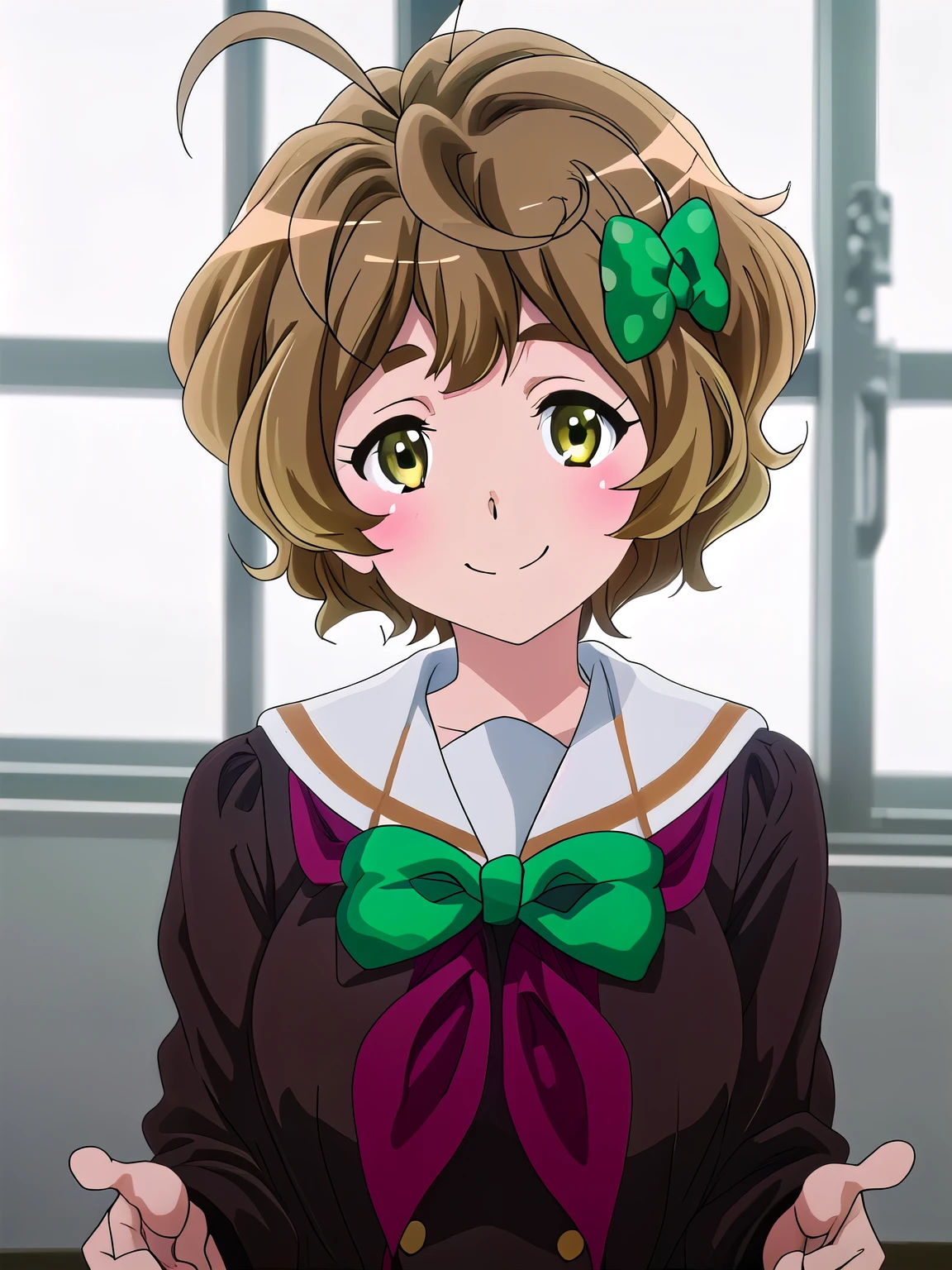 Highest quality, masterpiece, High resolution, alone, {Kawashima_sapphire_Sound Euphonium:1.15}, short_hair, brown_hair, blush, bow, hair_bow, Seraphim, green_eye, green_bow, Ahoge, polka_Dot, brown_eye, (Perfect hands, Perfect Anatomy),(brownのeye:1.5), 茶hair, short hair, ウェーブのかかったhair, Hot Face, blush, Sailor suit, , high school girl, Red ribbon, Downward, smile, very cute and beautiful girl,Teen,(Very detailedな美しい顔),
(Highest quality,masterpiece),Absurd,High resolution,Very detailedな,Very detailed,32K,8k resolution,  (Perfect hands, Perfect Anatomy),