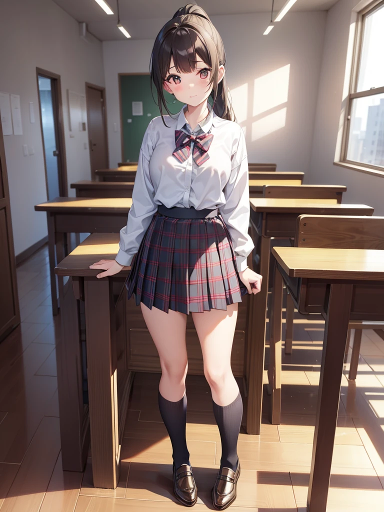masutepiece, Best Quality, High resolution, Extremely detailed, Detailed background, Cinematic lighting, 1girl in, Looking at Viewer, Wear a plaid shirt, microminiskirt, Pleated skirt, standing, Full body,  Sunlight, juniorschool, Stand on the classroom , City Girl,ponytail,hight165cm,weight30kg,b60cm,w50cm,h65cm,