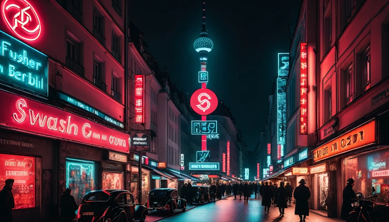 Brightly lit signs in nighttime Berlin 1936 with neon lights, Reich symbols and billboards with the Fuhrer, swastika, kolovrat, cyberpunk art inspired by Liam Wong, unsplash winner, digital art, germany, swastika, cyberpunk aesthetics, cyberpunk cityscape, cyberpunk neon lights, signs everywhere
