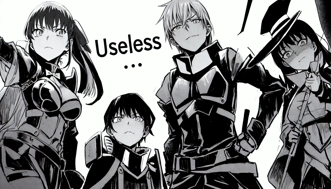 anime characters in uniform posing for a picture with a caption, isekai manga panel, seemless, unclear, no less, black and white manga panel, gridless, they are very serious, cheerless, they are unhappy, as a manga panel, anime style like fate/stay night, ssss.gridman, from cryptid academia, isekai
