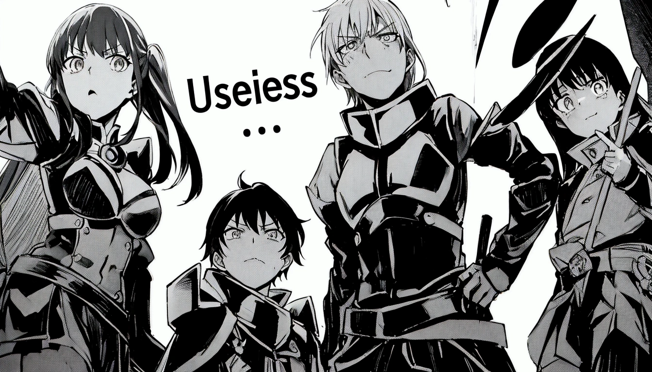 anime characters in uniform posing for a picture with a caption, isekai manga panel, seemless, unclear, no less, black and white manga panel, gridless, they are very serious, cheerless, they are unhappy, as a manga panel, anime style like fate/stay night, ssss.gridman, from cryptid academia, isekai