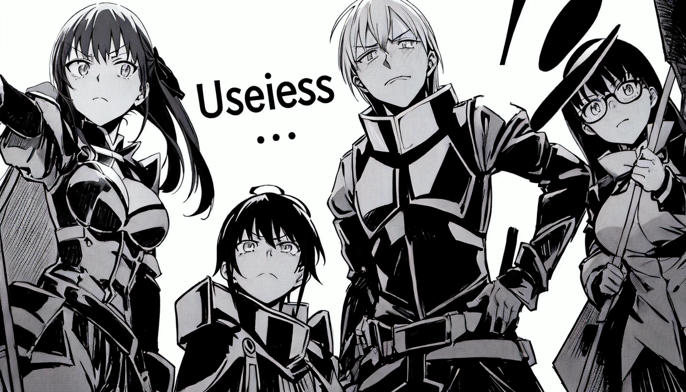 anime characters in uniform posing for a picture with a caption, isekai manga panel, seemless, unclear, no less, black and white manga panel, gridless, they are very serious, cheerless, they are unhappy, as a manga panel, anime style like fate/stay night, ssss.gridman, from cryptid academia, isekai