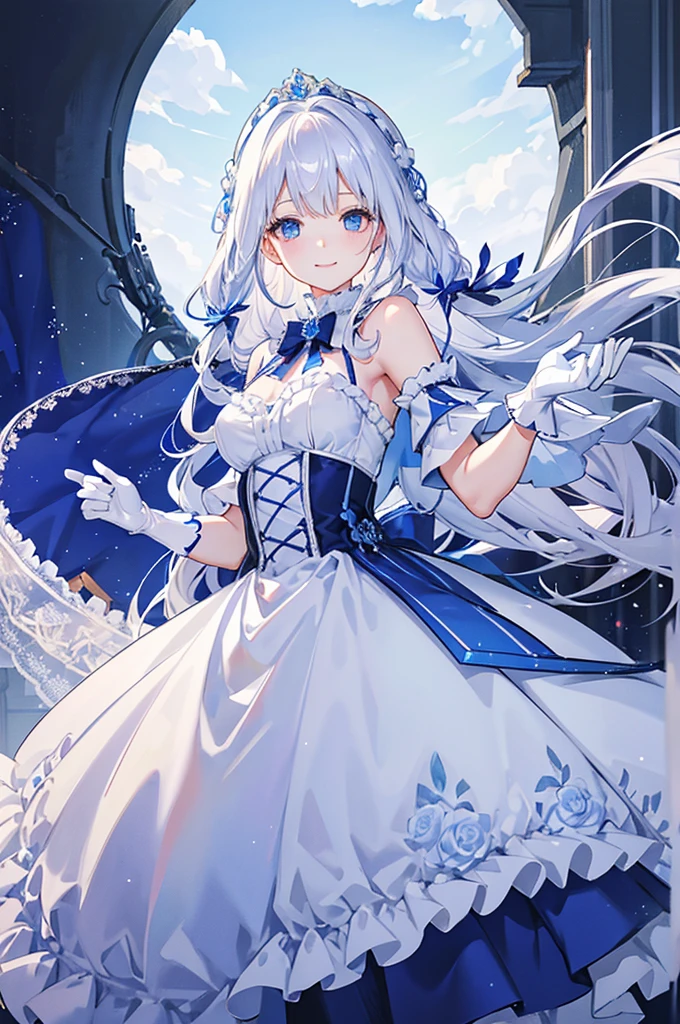 A woman with white hair and blue eyes、adult、Long, fluffy wavy hair、Braiding、Wearing hair ornaments、Smiling、Princess、White gloves、blue and white lace dress、ribbon、Decorations such as roses and drops、The dress is short in the front and long in the back、Garter Ring、Fantasy