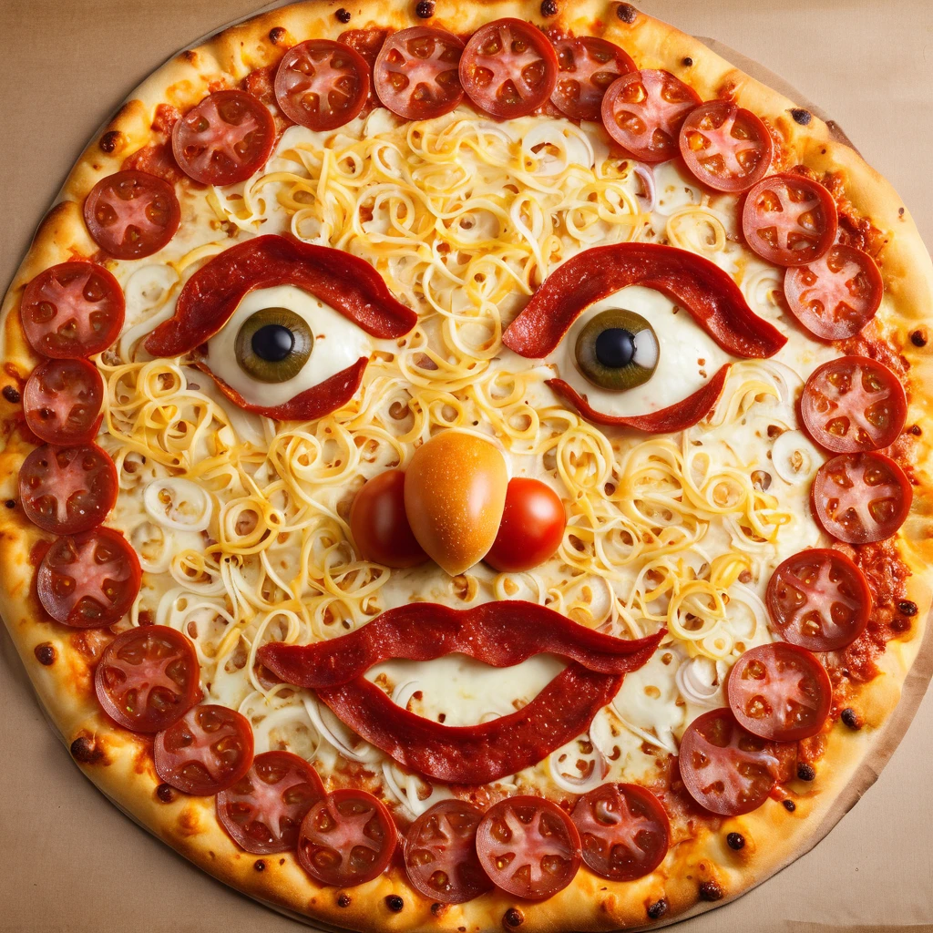 a pizza forming a human face with two pepperoni eyes, onion nose and tomato mouth