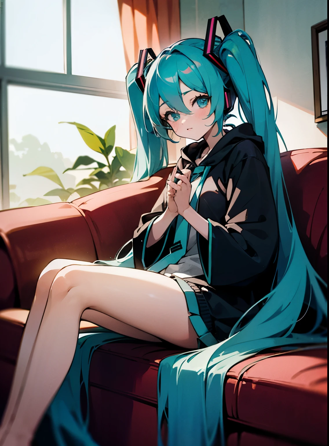 ultra HD, absurderes, 5K, 1 girl, hatsune miku, naked legs, hooded cloak, manga curta, Knees together, closed legs, in a living room, on a sofa, comfortable