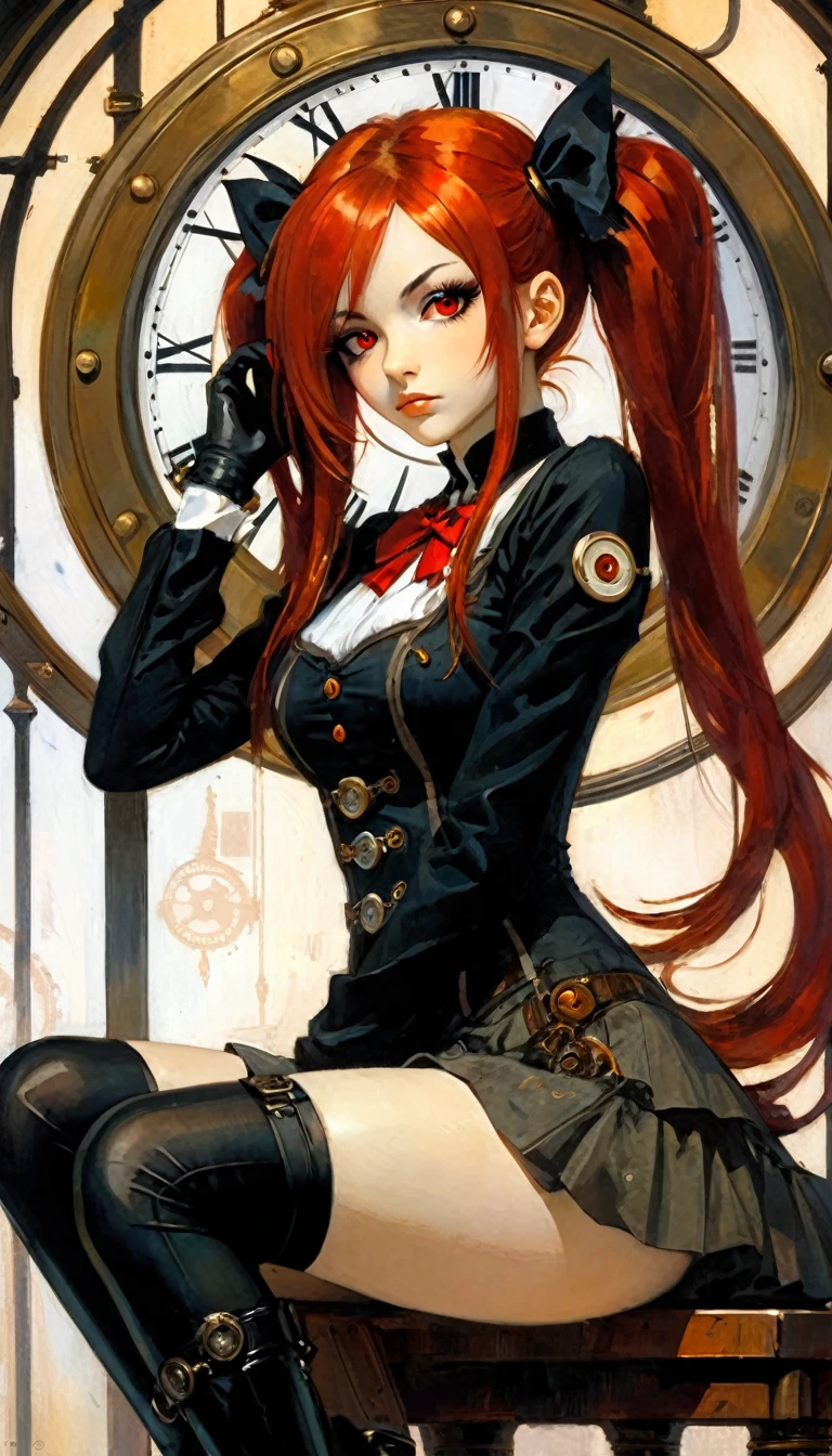 a woman dressed in the style of an anime style sitting under a clock, 1girl, clock, dress, solo, hair, gloves, twintails, looking at viewer, red eyes, longhair, , black gloves, long sleeves, long hair , steampunk、shorts hair, highly detailed (art inspired by Bill Sienkiewicz). oil painting)
