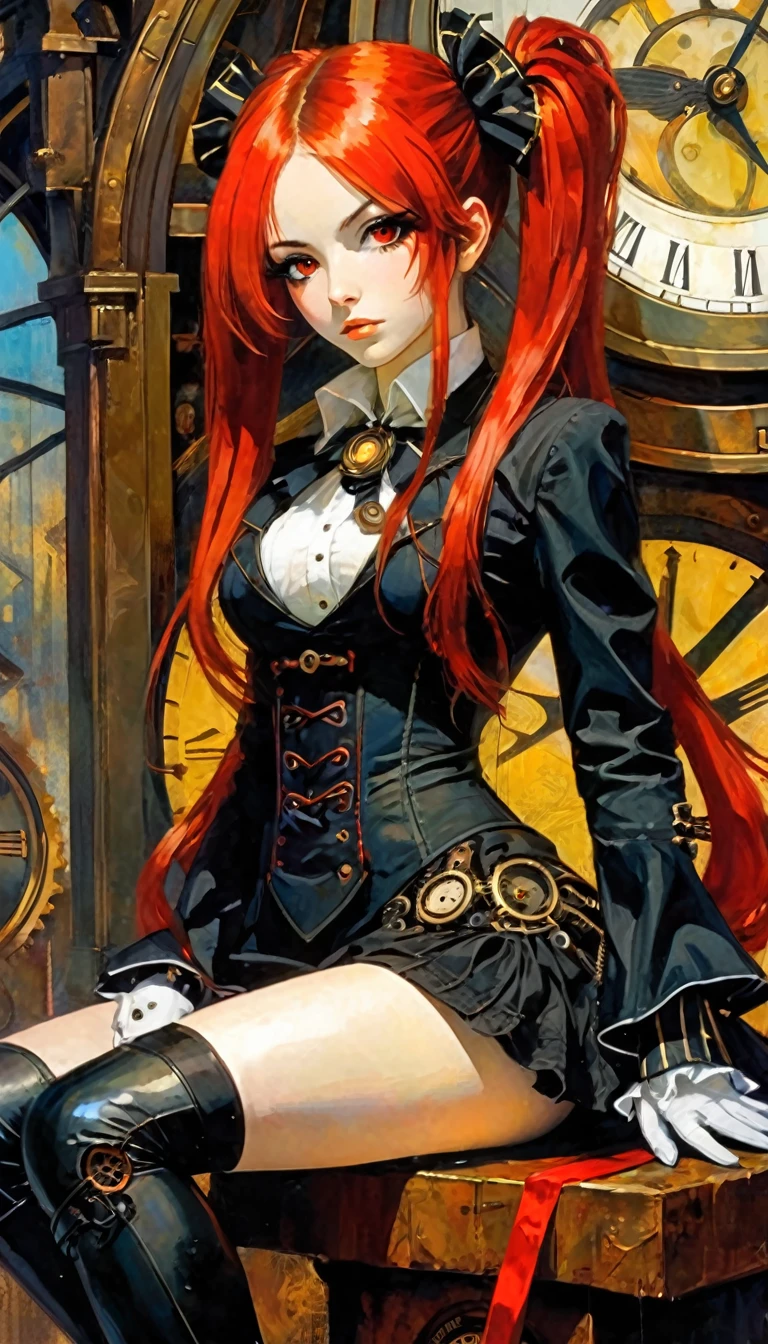 a woman dressed in the style of an anime style sitting under a clock, 1girl, clock, dress, solo, hair, gloves, twintails, looking at viewer, red eyes, longhair, , black gloves, long sleeves, long hair , steampunk、shorts hair, highly detailed (art inspired by Bill Sienkiewicz). oil painting)
