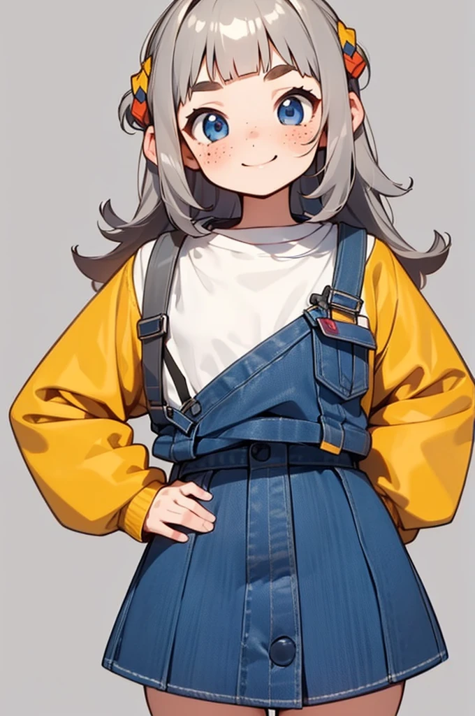 masterpiece, 32K, high quality, 最high quality,10 year old cute girl , Honor student, Very white skin, long brown curly hair,a bit,Very short stature,freckles,Thick eyebrows,Blunt bangs,(Flat Chest) ,feminine, freckles, Tilt, elegant, cute, smile,Hilarious, belly button, Denim Low Rise Mini Skirt, (Yellow clothes)、((Gray background))