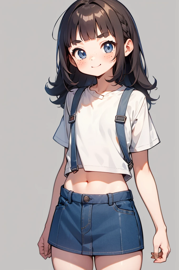 masterpiece, 32K, high quality, 最high quality, cute girl , Honor student, Very white skin, long brown curly hair，a bit，Very short stature，freckles，Thick eyebrows，Blunt bangs，(Flat Chest) ，feminine, freckles, Tilt, elegant,  cute, smile，Hilarious, belly button, Denim Low Rise Mini Skirt,  (Yellow clothes)、((Gray background))