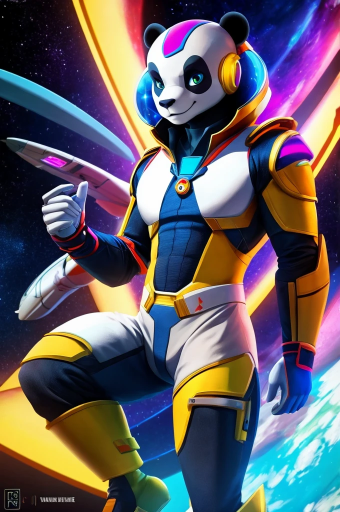 Un Panda roux, male, en armure d'astronaute avec des vaisseaux detruit dans le fond, armure, style ultra réaliste, 4K, vêtements futuriste, fond étoilé avec des vaisseaux detruit.