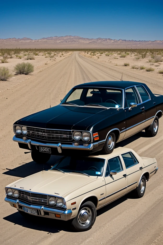A fat black man driving a cardillac on a road to outer space from a desert