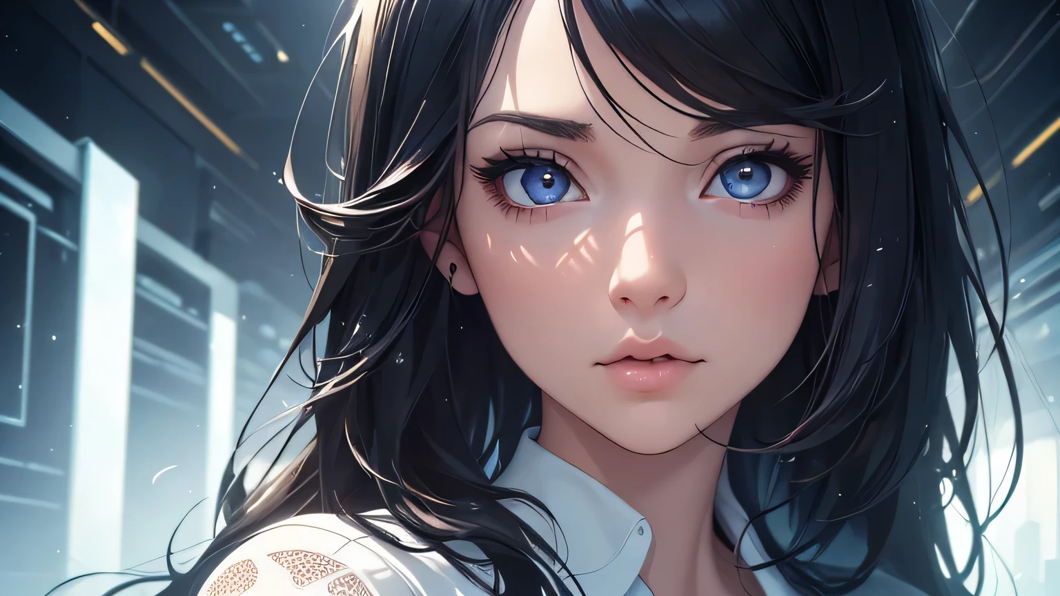 1 girl, 25 years old, beautiful detailed eyes, beautiful detailed lips, extremely detailed face and eyes, long eyelashes, black hair, white shirt, floating and walking in empty outer space, view from behind, detailed illustration, digital painting, cinematic lighting, dramatic lighting, vibrant colors, hyperrealistic, photorealistic, highly detailed, award winning, (best quality,4k,8k,highres,masterpiece:1.2),ultra-detailed,(realistic,photorealistic,photo-realistic:1.37)