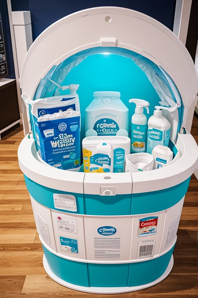 An interactive display in the shape of a giant crib that shows disposable diapers and wet wipes products 