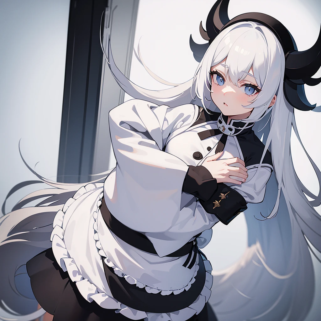 White haired girl with white horns and white hat wearing a black outfit