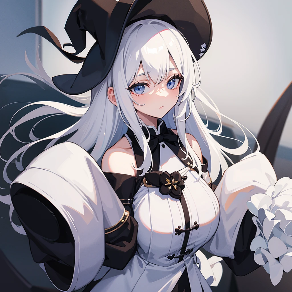 White haired girl with white horns and white hat wearing a black outfit