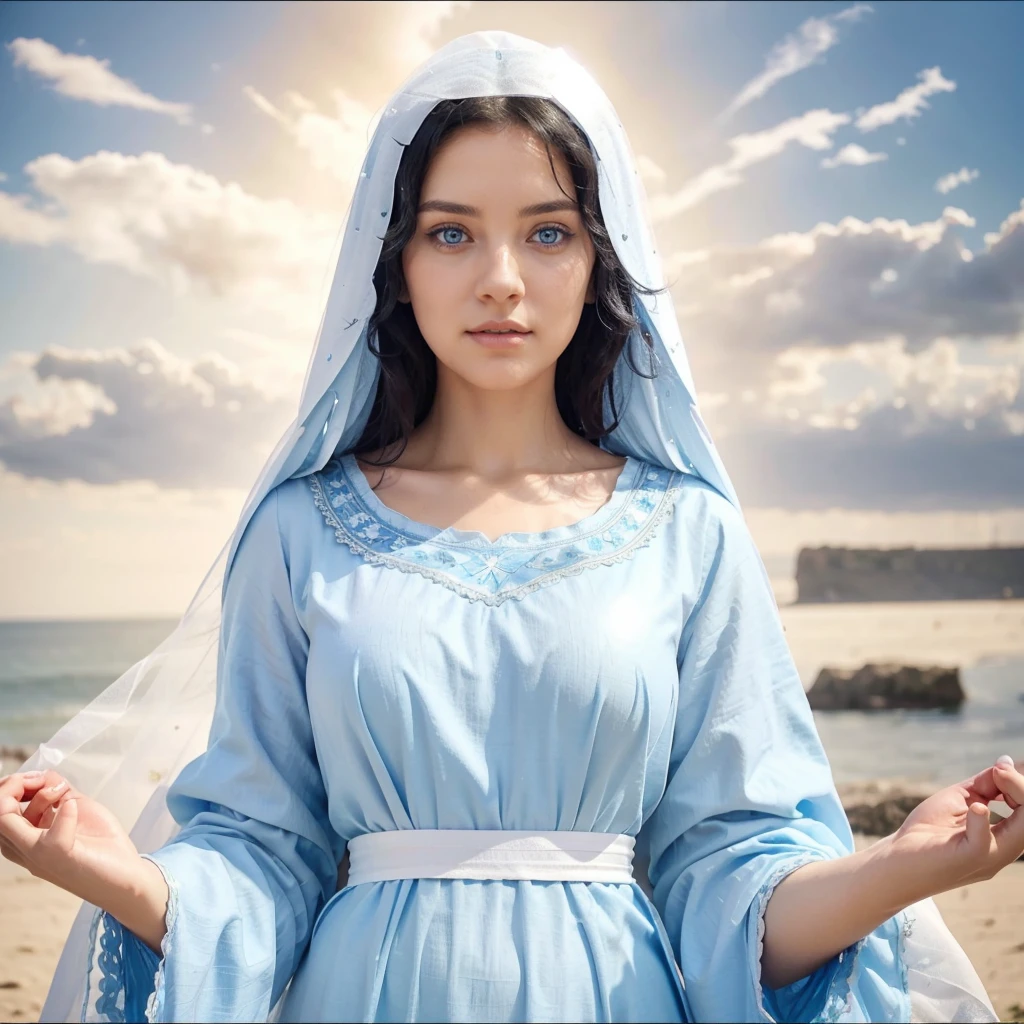 Beautiful woman with light blue eyes, curly black hair, wearing a blue tunic with wide, long sleeves adjusted at the waist by a white sash. Wear a thick white veil. She has open arms. Beautiful female hands