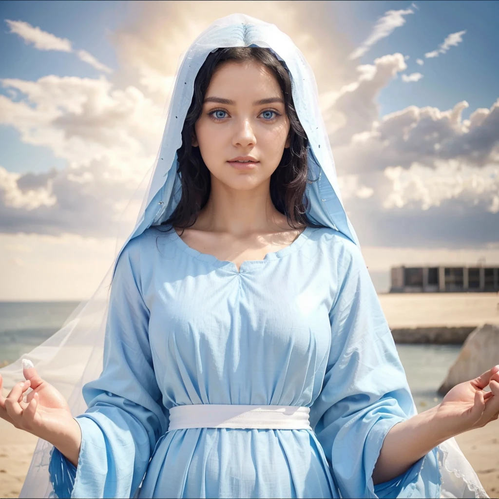 Beautiful woman with light blue eyes, curly black hair, wearing a blue tunic with wide, long sleeves adjusted at the waist by a white sash. Wear a thick white veil. She has open arms. Beautiful female hands