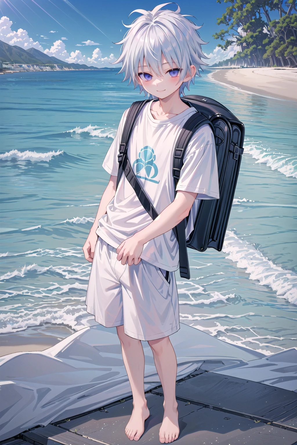 masterpiece, best quality, high resolution, extremely detailed, detailed background, cinematic lighting, 1boy, killua zoldyck, looking at viewer, beach, white t-shirt, boxer shortpants , smile, wearing  backpack, (backpack:1.0), travel backpack, standing, fullbody, day, sunlight