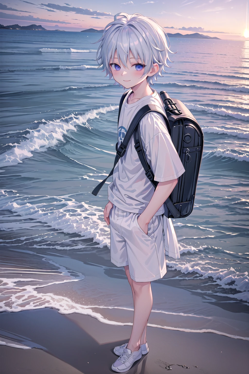 masterpiece, best quality, high resolution, extremely detailed, detailed background, cinematic lighting, 1boy, killua zoldyck, looking at viewer, beach, white t-shirt, boxer shortpants , smile, wearing backpack, (backpack:1.0), travel backpack, standing, fullbody, day, sunlight