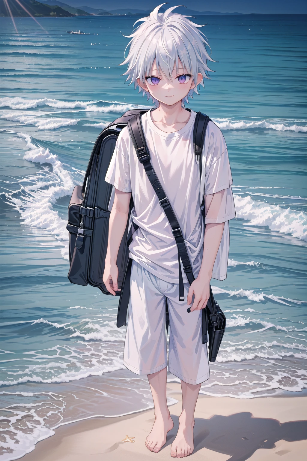 masterpiece, best quality, high resolution, extremely detailed, detailed background, cinematic lighting, 1boy, killua zoldyck, looking at viewer, beach, white t-shirt, boxer shortpants , smile, wearing backpack, (backpack:1.0), travel backpack, standing, fullbody, day, sunlight