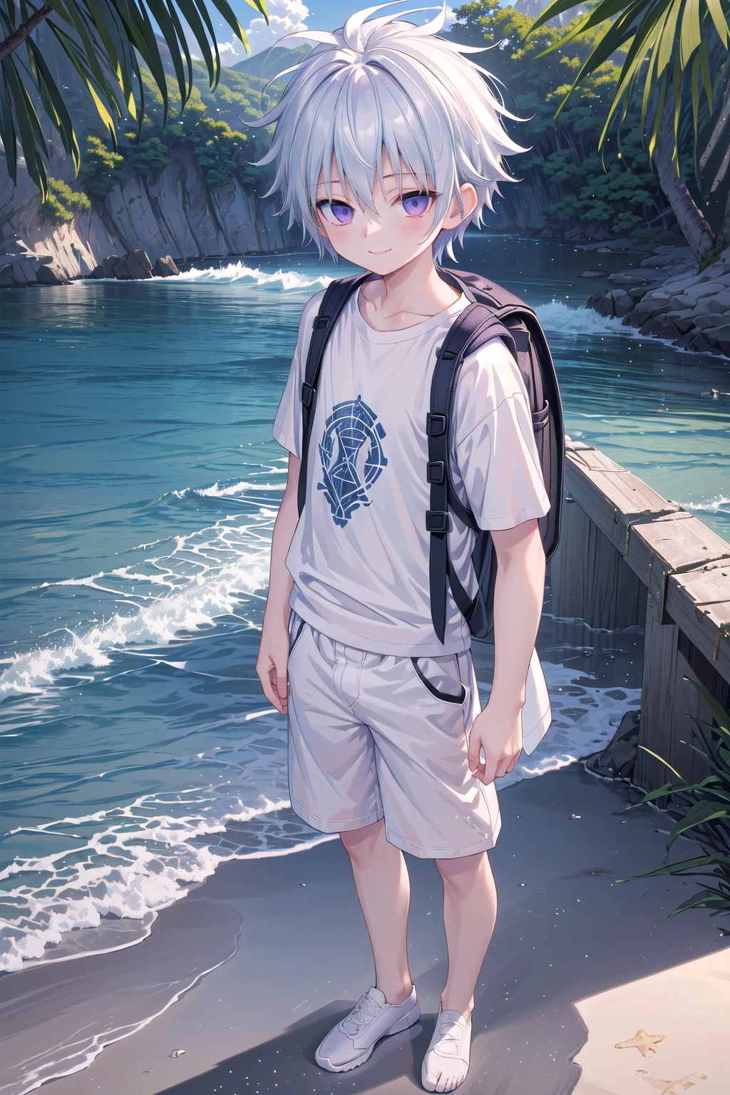 masterpiece, best quality, high resolution, extremely detailed, detailed background, cinematic lighting, 1boy, killua zoldyck, looking at viewer, beach, white t-shirt, boxer shortpants , smile, wearing backpack, (backpack:1.0), travel backpack, standing, fullbody, day, sunlight