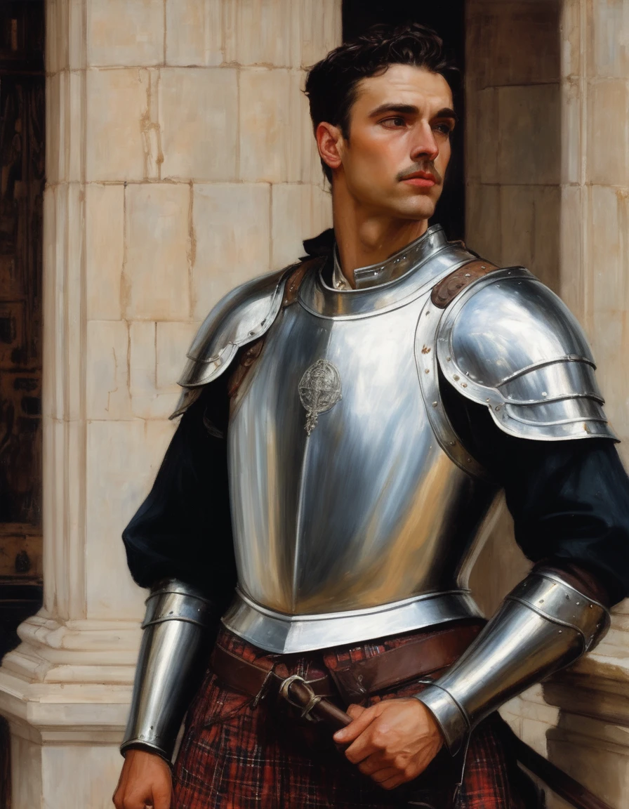 ((Masterpiece, best quality, realistic painting)), ((by John William Waterhouse, by J. C. Leyendecker)), (((half body portrait of a very young, frustrated, male knight, leaning his head lustfully against a column, his hands are in front of his crotch, he is very sensual and masculine, he is depicted with pensive, tired eyes, he is disheveled, a layabout, muscular, wearing plate armor, with tartan elements, he is manly and has a moustache. Castle background))).