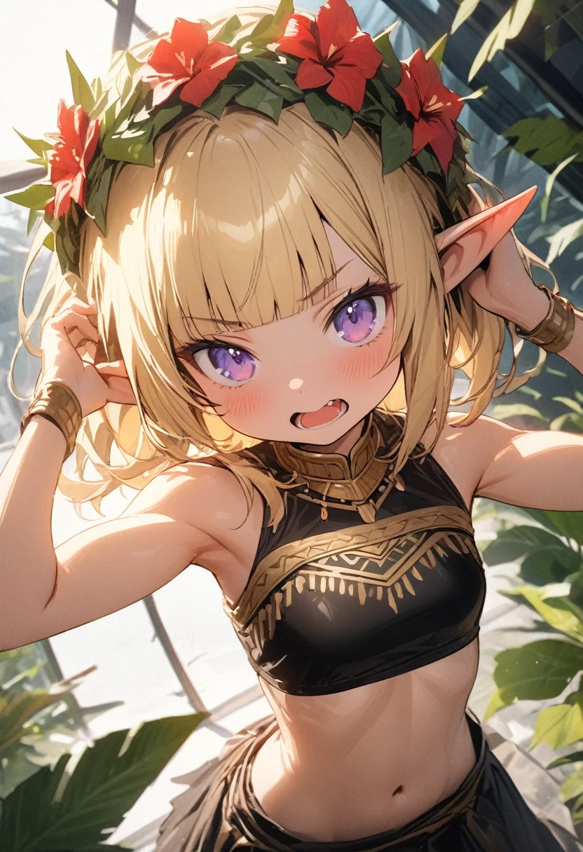 ((Masterpiece)), ((best quality)), ((kawaii)), ((extremely detailed)), (sketch:0.3), (RAW photo:1.2), (8K), (High Definition:1.3), (Professional Photography:1.2), cinematic lighting, (very aesthetic:1.2), (absurdres:1.2), (sharp focus), (perfect light), (from above), (wide shot), wide shot, (12 years old), (1girl), cute young girl, pudgy cheeks, (Grimace), open mouth, (Beautiful purple eyes:1.3), (Glossy skin), ((elf girl)), (Gold Embroidered Tribal black tubetop)), (small chest), (Healthy and toned body), slim body, (loose blunt bangs), unruly hair, (medium hair), ((beautiful blond hair)), (put on noble head wreath), BREAK, ((best quality)), (princess pose), (on the tropical giant greenhouse), (sharp focus), (perfect light),