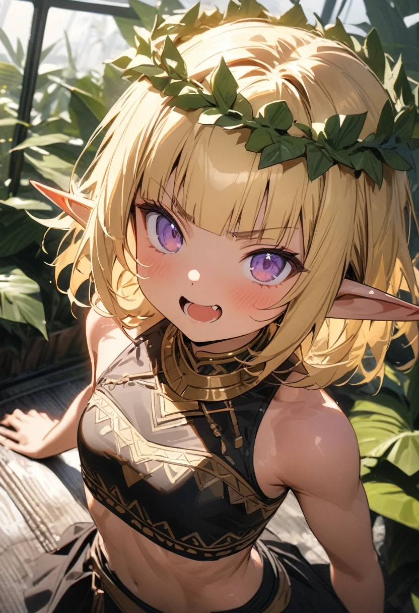 ((Masterpiece)), ((best quality)), ((kawaii)), ((extremely detailed)), (sketch:0.3), (RAW photo:1.2), (8K), (High Definition:1.3), (Professional Photography:1.2), cinematic lighting, (very aesthetic:1.2), (absurdres:1.2), (sharp focus), (perfect light), (from above), (wide shot), wide shot, (), (1girl), cute young girl, pudgy cheeks, (Grimace), open mouth, (Beautiful purple eyes:1.3), (Glossy skin), ((elf girl)), (Gold Embroidered Tribal black tubetop)), (small chest), (Healthy and toned body), slim body, (loose blunt bangs), unruly hair, (medium hair), ((beautiful blond hair)), (put on noble head wreath), BREAK, ((best quality)), (princess pose), (on the tropical giant greenhouse), (sharp focus), (perfect light),
