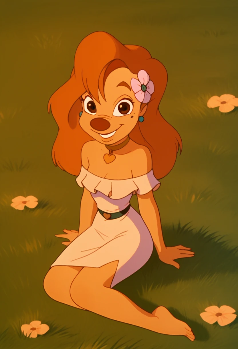 Roxanne, 1girl, solo, earrings, hair flower, grass, long hair, brown hair, smile, choker, white dress, bare shoulders,barefoot, sitting,  outdoors, retro artstyle,score_9, score_8_up, score_7_up, score_6_up, score_5_up, score_4_up, looking at viewer, smile,