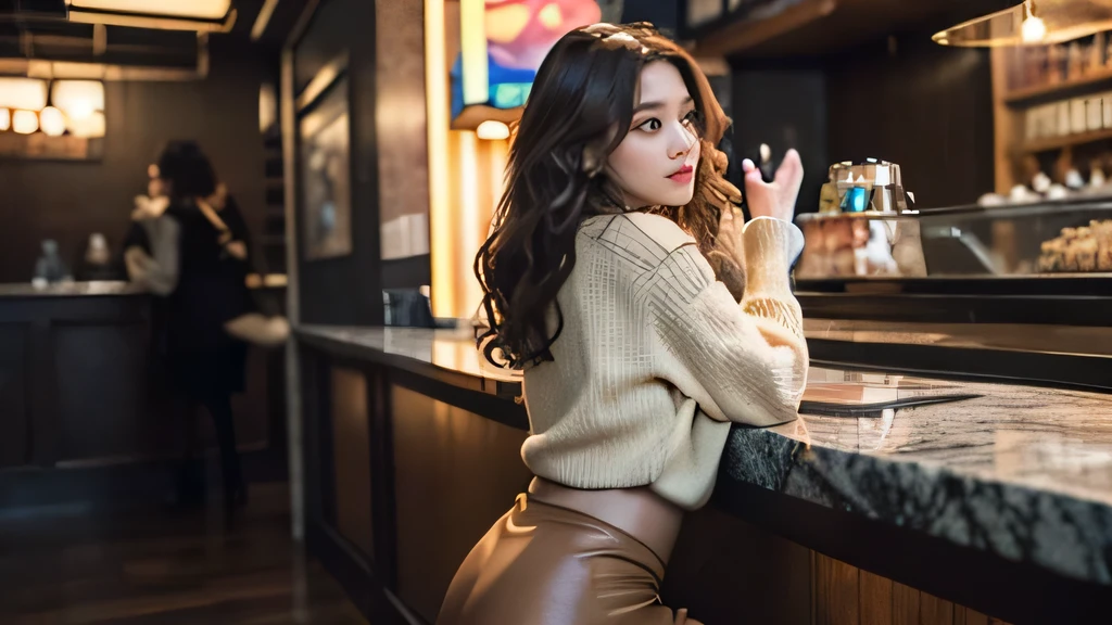 Hyperrealistic, cinematic quality, futuristic coffee shop video. A cyberpunk atmosphere. The interior is a mixture of antique and hyper-futuristic. The store is crowded with many female customers. Japanese beautiful girl: ((back-view)), ((faceless)), 25-year-old Japanese girl with long wavy brown hair.  wearing a beige sweater and long white pants. SCENE: The woman is happy with her hands on her cheeks, indicating her excitement at meeting the man of her dreams. Main Description Appearance: Wavy brown hair, beige sweater and long white pants. Emotion: Her body language clearly conveys excitement and joy.