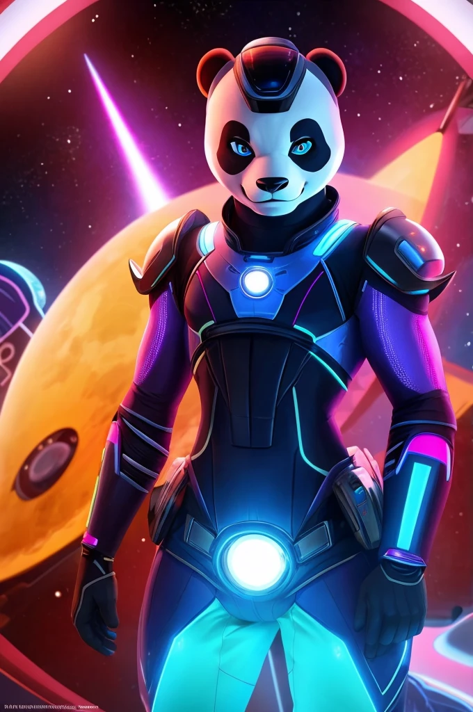 Un Panda roux, male, en armure d'astronaute avec des vaisseaux detruit dans le fond, armure, semi reel, 4K, vêtements futuriste, fond étoilé avec des vaisseaux detruit.