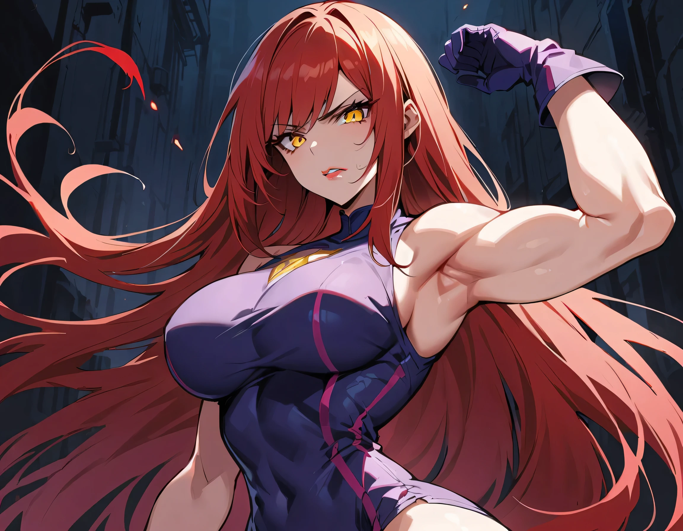 Long red hair, yellow eyes, evil, sexy, black and red clothes, cute hairstyle, evil face, evil, serious look, gloss lips, sinister, 19 years old, large breasts, triple D cup breasts, round buttocks, bubbly buttocks, wide hips, bubbly ass, fit and strong, front look, bloody, gloves, (((half-body portrait))), beautiful eyes, short dress, big white, dark place, night, sensual, straight hair cut, clear skin, evil, young 30 years girl, adult girl, solo, red, very long hair, (((Older mature woman)))