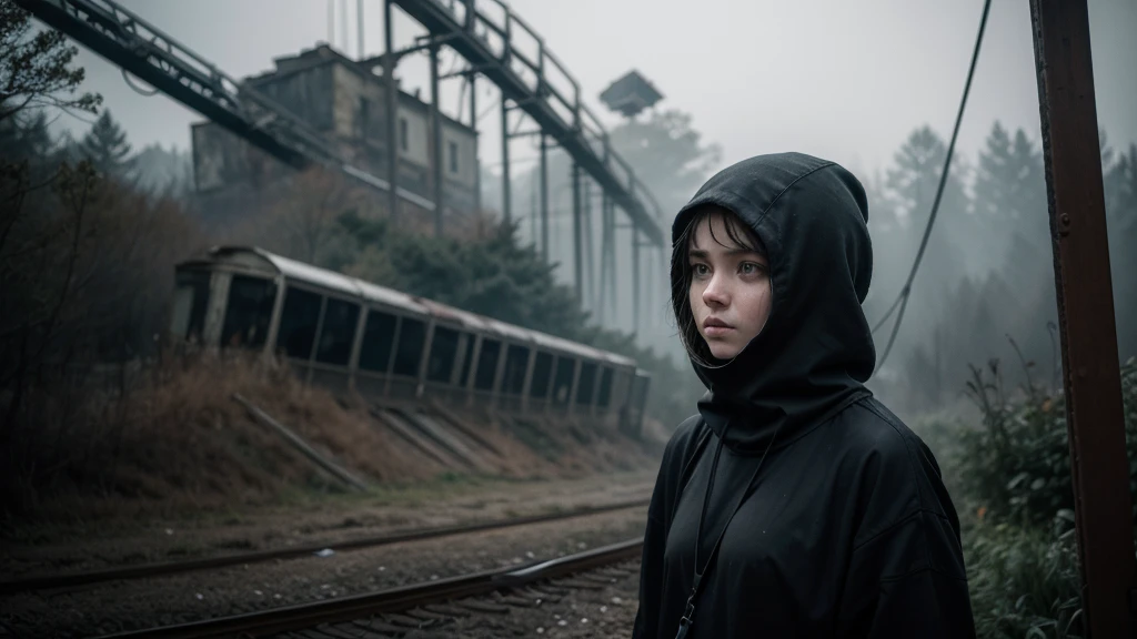 women in loose, lightweight black clothing, wearing a prominently visible balaclava, hanging by one hand from a track above a rusted roller coaster car, broken tracks and overgrown weeds, eerie atmosphere, sense of mystery and solitude, suspenseful mood, close-up shot from the car, shallow depth of field, soft, diffused lighting Dark atmosfer.8k
