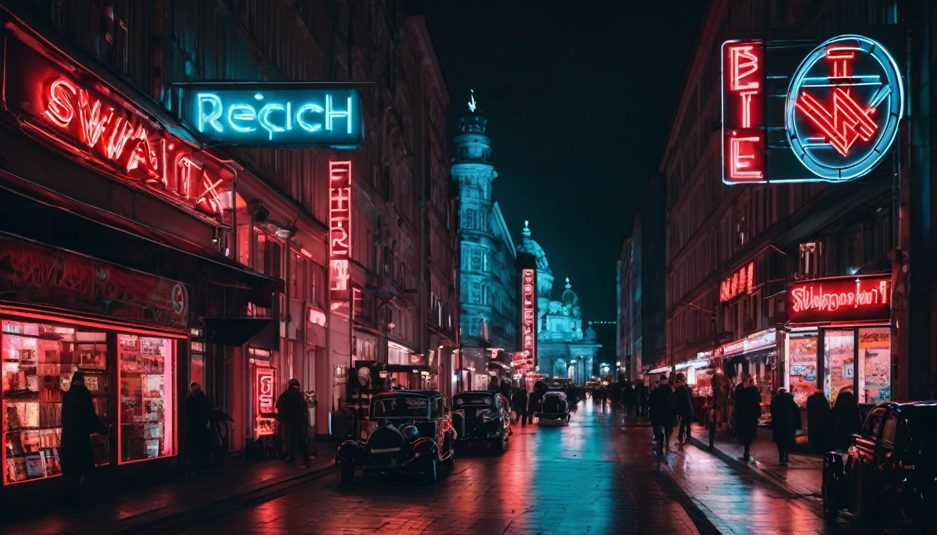 Brightly lit signs in nighttime Berlin 1936 with neon lights, Reich symbols and billboards with the Fuhrer, swastika, kolovrat, cyberpunk art inspired by Liam Wong, unsplash winner, digital art, germany, swastika, cyberpunk aesthetics, cyberpunk cityscape, cyberpunk neon lights, signs everywhere 