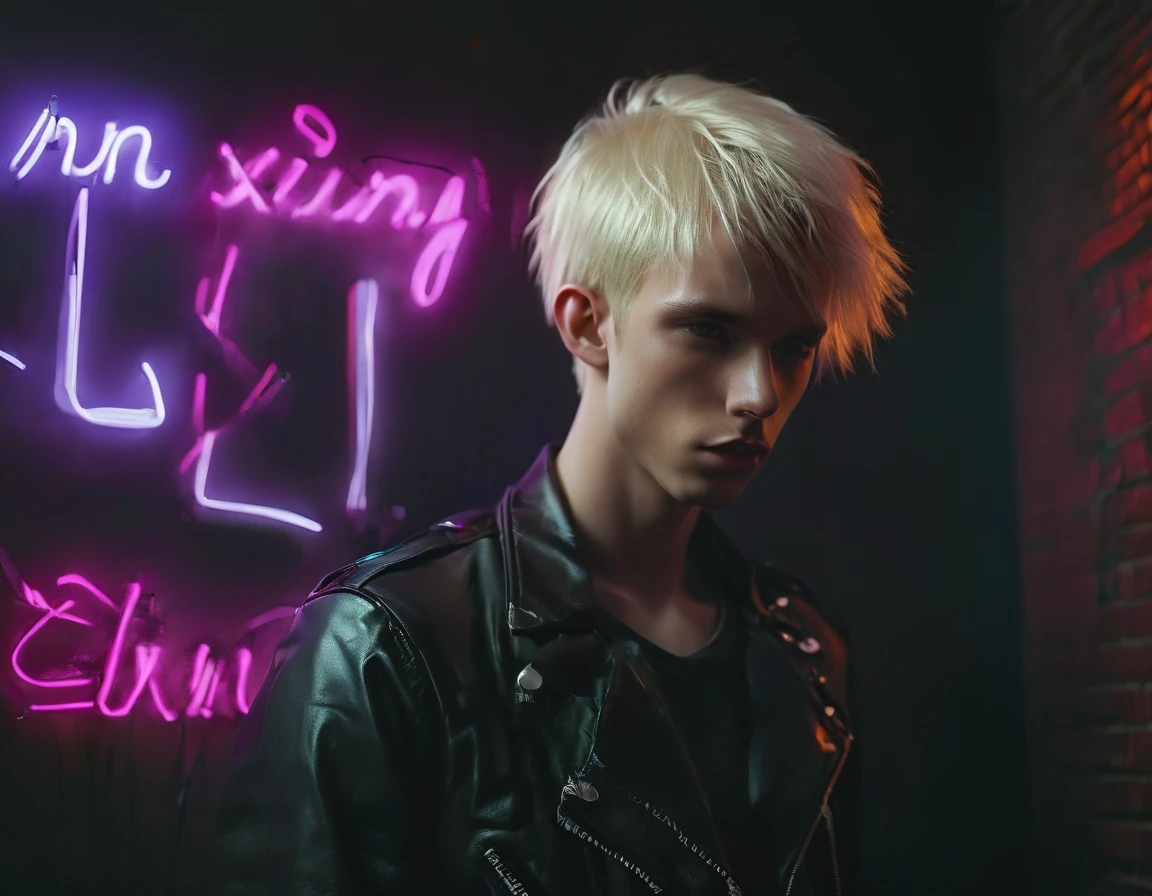 Photorealistic, dark vibes, solo, young man, 22 years, pale skin, model (skinny:1.3), (short layered platinum blond hair:1.5), (black leather jacket:1.3), dark lighting, incubus, sexy, (neon letters C N T X:1.4), night club setting, BDSM background