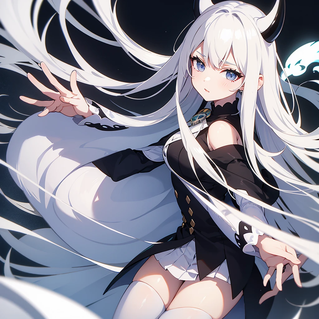 White haired girl with white horns and a black suit