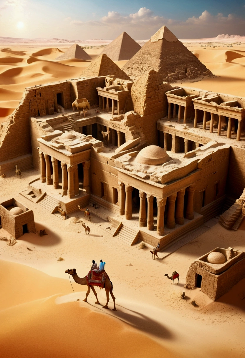 Miniature，Super Cute World, Cute animation, Tilt-Shift，excellent lighting，Volume Landcape，brush rendering，3D，super detailed, ((Egyptian ruins)), ((Buildings Buried under sand)), ((Camels)), sand, desert, Sunny illumination